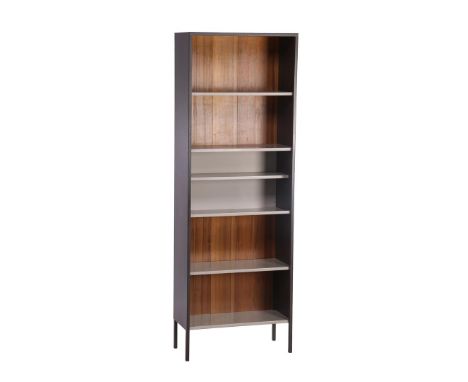 Tjerk ReijengaLight and dark gray metal bookcase with glass doors and mansonia wooden back wall, design by Tjerk Reijenga exe