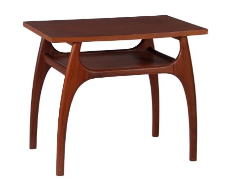 Teak veneer side table with bottom shelf and standing on curved tapered legs, Netherlands/Scandinavia ca. 1960, 52 cm high an