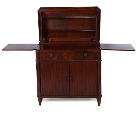 Mahogany veneer on oak folding buffet with flutes, 2 roller shutter doors and 2 drawers, 19th century, 83 cm high, 86 cm wide