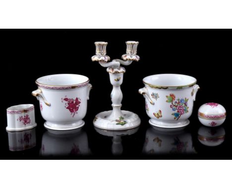 Herend Hungary 2-piece candlestick, 22 cm high, 2 flower pots, lidded container and oval vase