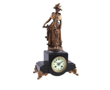 Marble mantel clock with brass ornaments and bronze lady at the garden gate on top, with text 'Aux Champs par Rigual', 43 cm 