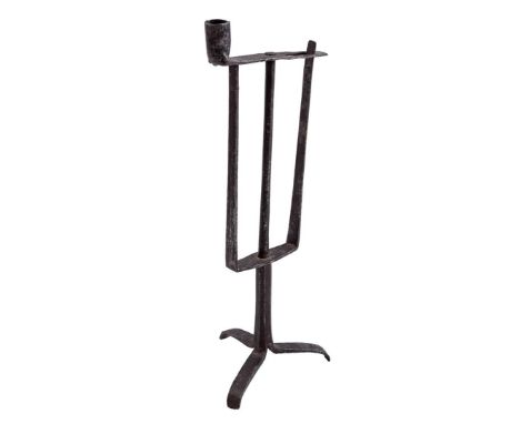 Wrought iron squeeze candlestick with candle holder, probably 15th/16th century, 45.5 cm high