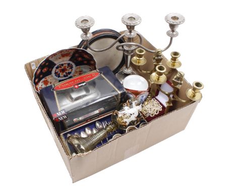 Box with brass and plate candlesticks, bijou, plate spoons and forks, oriental porcelain, wine glass with enamel painting, Bu