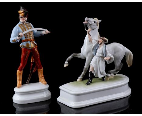 Herend Hungary, porcelain statue group of a horse tamer with horse, model number 5088, 20 cm high and Herend Hungary, porcela