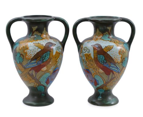 2 South Holland Gouda ear vases with Golden Eté decor, painter GJ Lugthart, model 602, year 1919, 26 cm high (1 vase with chi