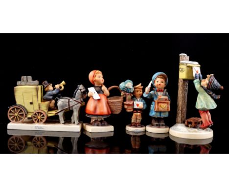 5 Goebel Hummel earthenware statues of figures with letters and diligence, largest 18 cm high