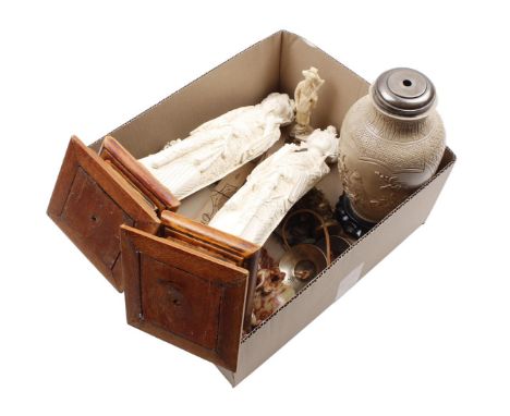 Box with Oriental objects including soapstone, plastic statues and table lamp base, bronze Buddha statues, etc.