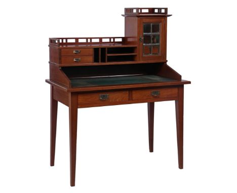 Walnut veneer on oak desk with upstand, upstand with gate, 2 drawers, open compartments and door with facet cut mirrors, unde