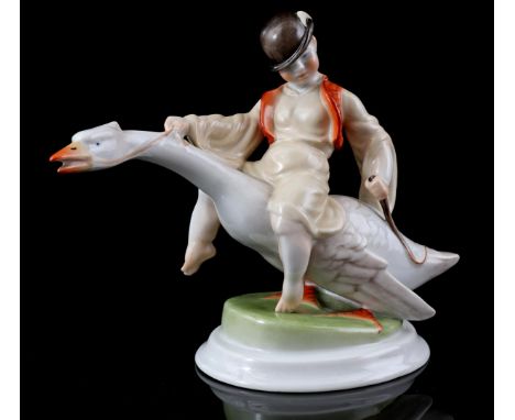 Herend Hungary, porcelain sculpture group of boy on goose, designer Ludas Matyi, model number 5515, 20 cm high