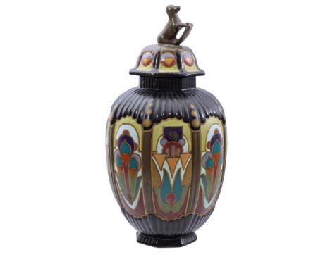 Arnhemsche Fayence pottery vase with lid with decor Special with dog on lid, model 167, painter HvB, 44 cm high, 22 cm diamet
