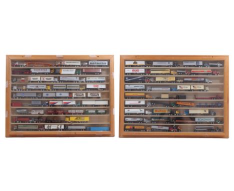 2 beech wood showcases filled with scale model trucks, dimensions of showcases, 61x81 cm 