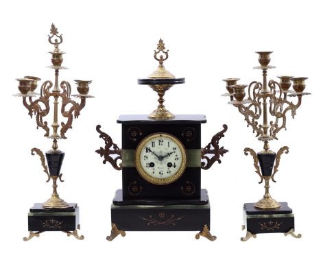 Mantel clock, movement marked Japy, in marble case, 29 cm wide (crack in the glass front and bell is loose at the back) and 2
