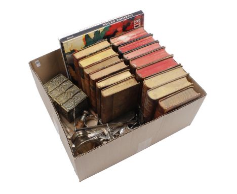 Box with books including Spanish, French and German, early 20th century, bronze box, plate cutlery etc.