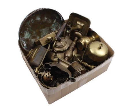 Box with various copperware including pen candlestick, clock, cauldron, sconce, extinguisher, etc.