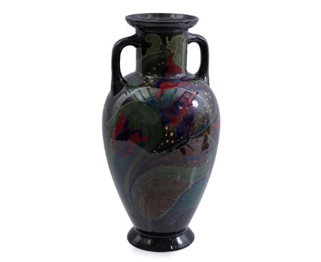 South Holland Gouda pottery vase with ears, model 4281, 38 cm high (damage to neck and foot)