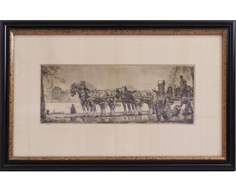 Willem Gerard Hofker (1902-1981)Horses on the quay, etching dated 1948, 15x43 cm