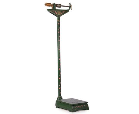 Iron personal scales, marked Mikro Waage, fully painted, weighing capacity 150 kilos, 143 cm high