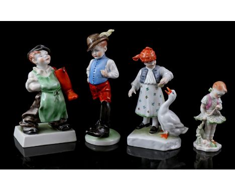 Herend Hungary, 4 porcelain statues including boy with hat and boots that are too big, model number 5416, 21 cm high, statue 