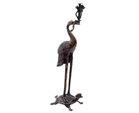 Bronze candlestick in the shape of a heron standing on a turtle, 49 cm high