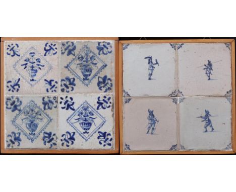 2 tile panels in wooden frame   and decor of figures, Holland 17th/18th century, 28x28 cm