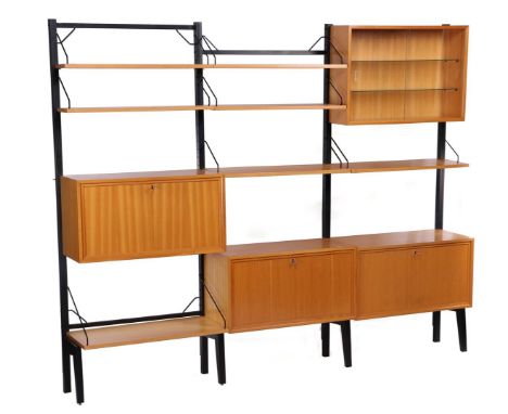 Poul Cadovius (1911-2011)Modular birch veneer wall system with blackened metal uprights 201 cm high, 4 cabinet modules 80 cm 