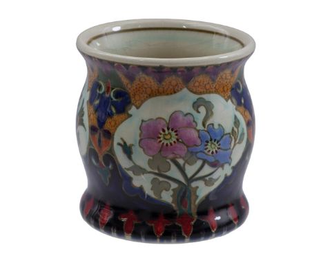Amphora Holland pottery vase with polychrome floral decor and bird in cartouches, painter J, model 60A, 8 cm high, 7.5 cm dia