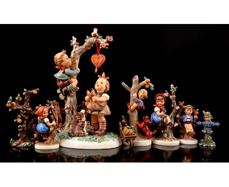 5 Goebel Hummel earthenware statues of boys and girls in the tree, largest 27 cm high, and 3 porcelain autumn accessories inc
