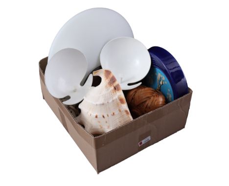 Box mid-century b.u. 2 minimalist coat racks, shell lamp, Junghans clock, Argenta travel alarm clock, Jaap Domisse ceramic wa