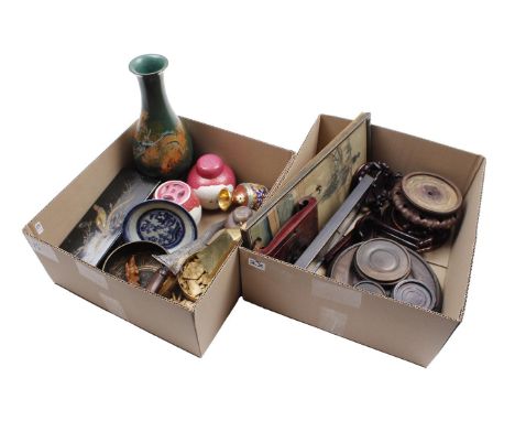 2 boxes of Asian items including porcelain, kris, lacquer box and vase, brass bowl and bell, a chain soapstone lid pot and st