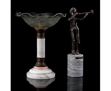Fruit bowl with decorated glass bowl on marble base, approx. 1910.31 cm high, 24 cm diameter and iron statue of a flute playe