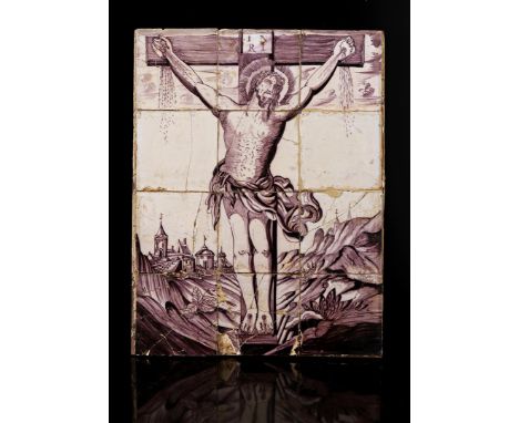 Delft earthenware tile tableau consisting of 12 tiles depicting Christ on the cross, 2nd half of the 18th century, 52x39 cm (