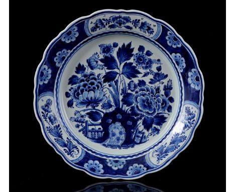 Porceleyne Fles Delft earthenware dish with blue chinoiserie decor, year 1967, model 1668, 37 cm diameter