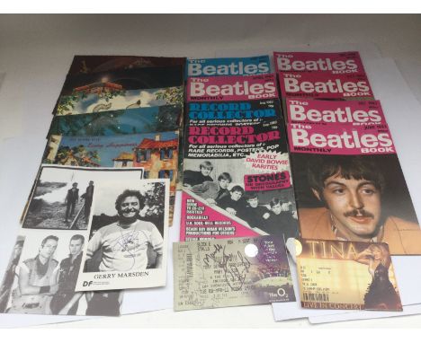 A box of music memorabilia including Beatles Monthly books, Fonoscope musical postcards, a signed Gerry Marsden publicity car