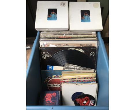 A crate of LPs, EPs, CDs and 7" singles including some promotional discs. Artists include The Beatles, Nico, Jimi Hendrix and
