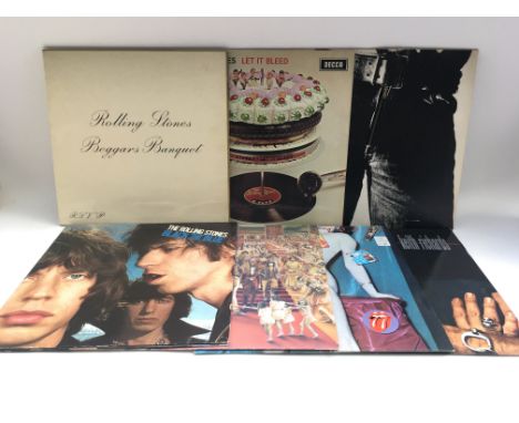 Seven Rolling Stones LPs comprising 'Let It Bleed' (no poster), 'Beggar's Banquet', 'Sticky Fingers' and others.