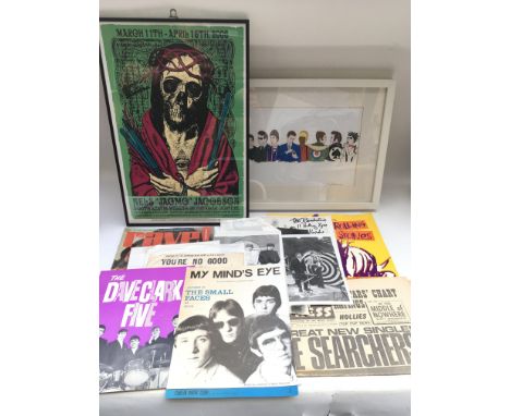 A collection of music memorabilia comprising South Austin Museum of Popular Culture framed poster, Rolling Stones 'Urban Jung