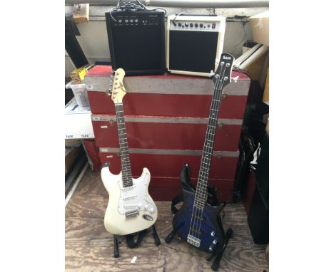 A Johnny Brook Strat style electric guitar, a Benson bass guitar and two practice amps.