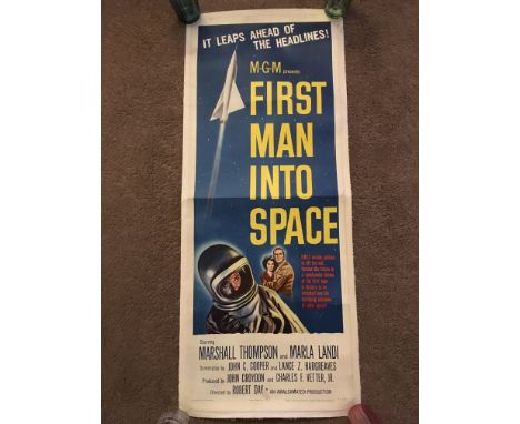 A linen backed film poster for 'First Man Into Space' (1959), approx 36cm x 91cm (poster only).