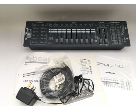 A collection of disco and stage lighting equipment comprising an Obey 40 DMX lighting controller, two KAM partybar V2 lightin