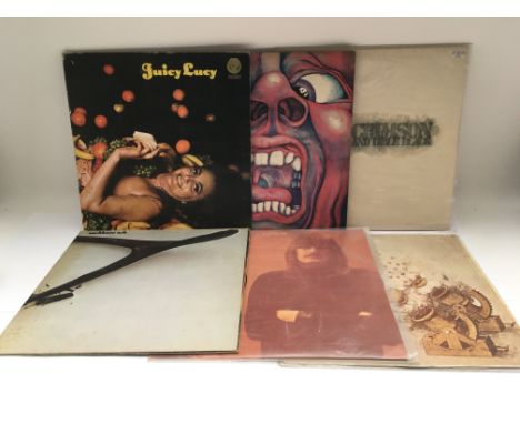 Six prog rock LPs comprising a first UK pressing of 'Juicy Lucy' (feelable scratch) and other albums by King Crimson, Soft Ma