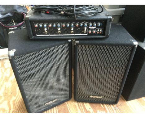 A Pro Sound N73HH 4 channel amplifier head and a pair of Pro Sound speakers plus a large SW15 Wharfedale subwoofer (4). Comes