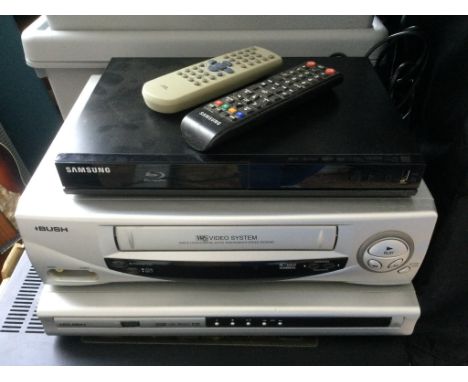 A Samsung BluRay player, a pair of Pioneer CS575 speakers, a Bush DVD player and a Bush video recorder. Comes with remote con