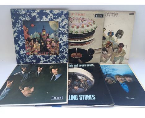 Six Rolling Stones LPs comprising 'Their Satanic Majesties Request', 'Let It Bleed', 'Between The Buttons' and others.