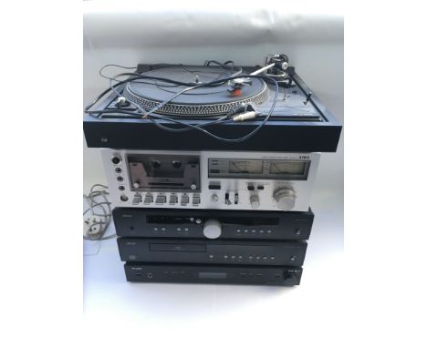 A collection of hi fi equipment comprising an Arcam A80 amplifier, Arcam CD82 CD player, Dual 506 belt drive turntable and ot