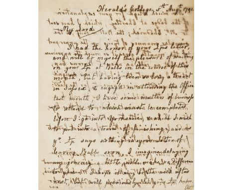 NO RESERVE Heraldry.- Brooke (John Charles, herald and antiquary, 1748-94) Autograph Letter signed to George Townshend, Earl 