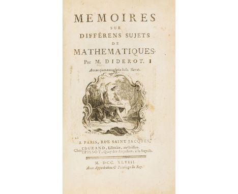 Mathematics.- Diderot (Denis) Memoires sur differens sujets de mathematiques, first edition, engraved title vignette, 7 foldi