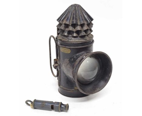 19th century Victorian Hyatt &amp; Co Birmingham Police lantern oil lamp together with Metropolitan whistle