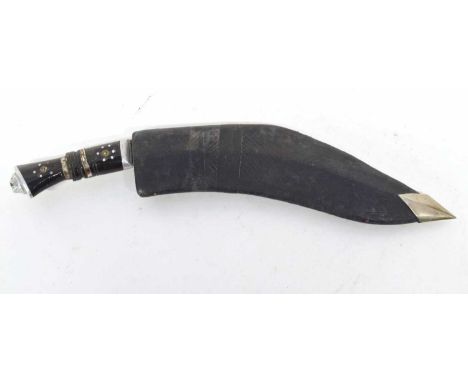 20th century Indian kukri with leather scabbard, lacking skinning tools (a/f), length 32cm