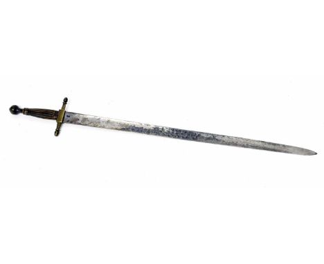 19th century Continental hunting sword, possibly French, with acorn finials to cross guard and horn handle with illegible mak