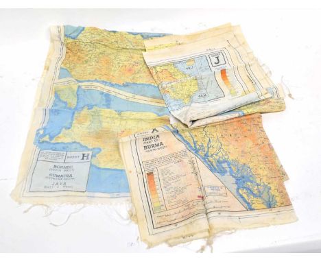 Quantity of three WWII/20th century RAF silk escape maps of South East Asia to include 44/J-44/K, 44/A-44/B, 44/G-44/H, all m